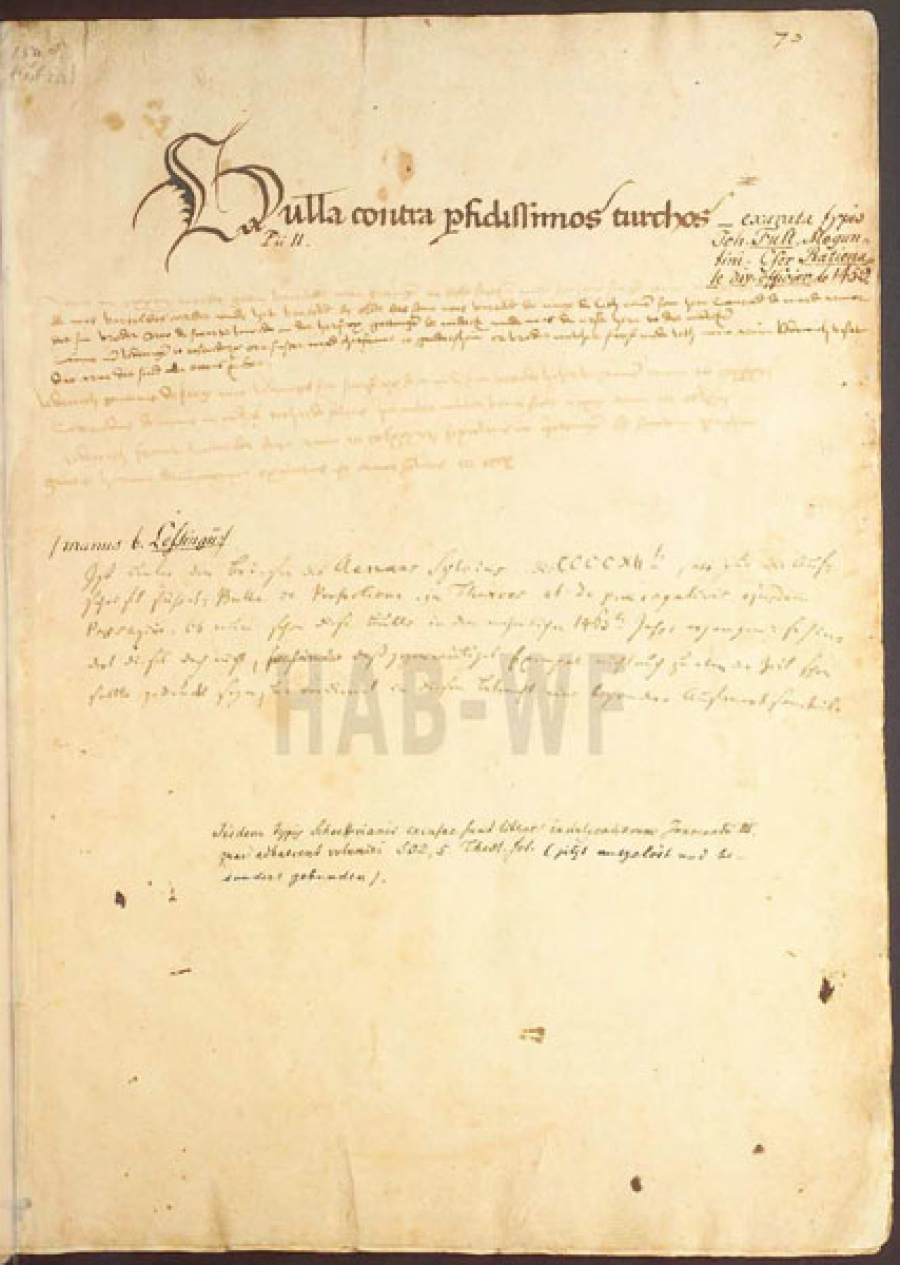 Manuscript Title page of Bulla Cruciata Contra Turcos "Ezechielis prophetae" printed by Johann Fust and Peter Schoeffer in 1463 (Herzog August Bibliothek, Wolfenbüttel, Germany). Click on the image to see the entire image.